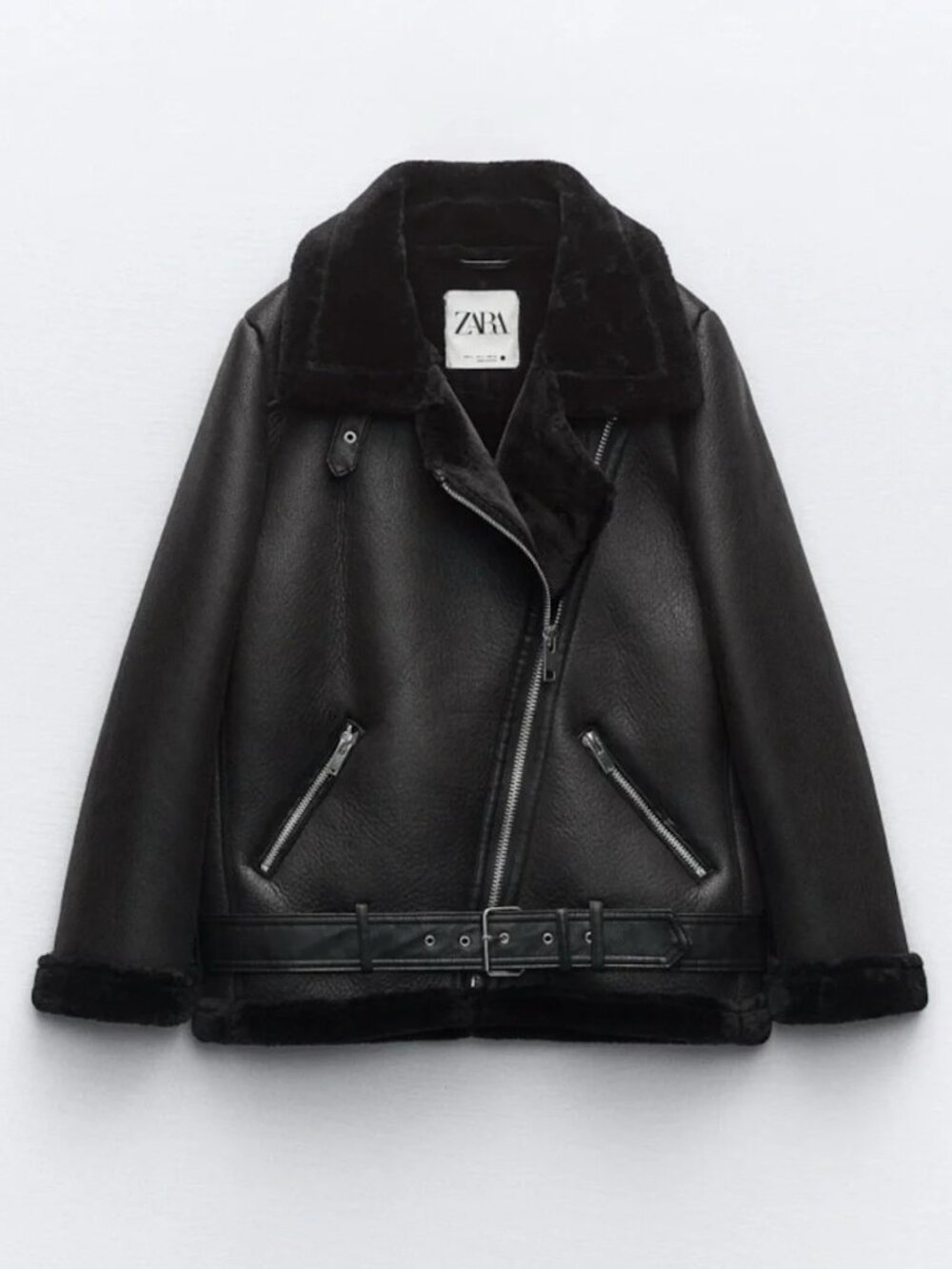 Zara Faux Shearling Aviator Biker Jacket Black Size Medium